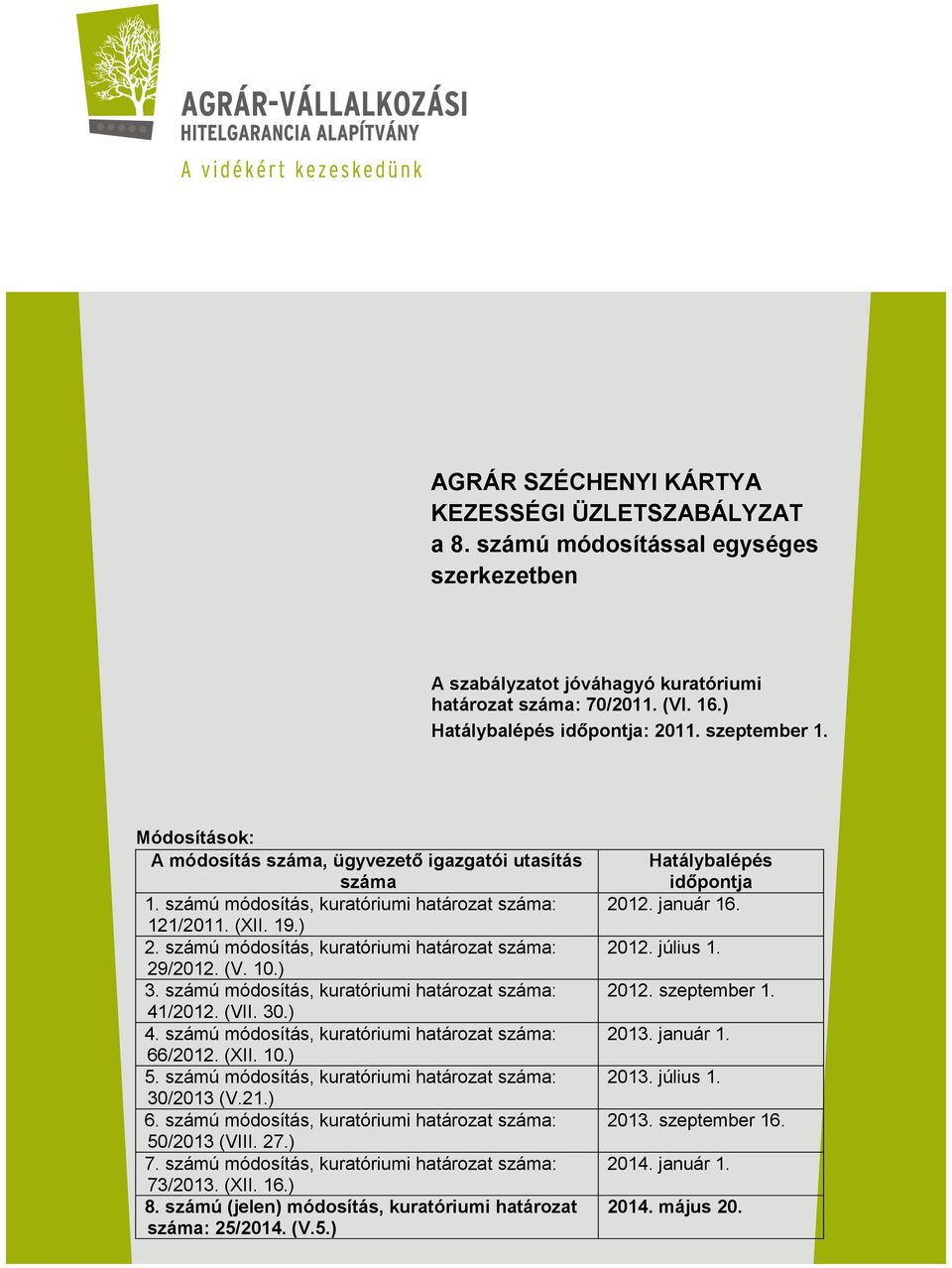 számú módosítás, kuratóriumi határozat száma: 29/2012. (V. 10.) 3. számú módosítás, kuratóriumi határozat száma: 41/2012. (VII. 30.) 4. számú módosítás, kuratóriumi határozat száma: 66/2012. (XII. 10.) 5.