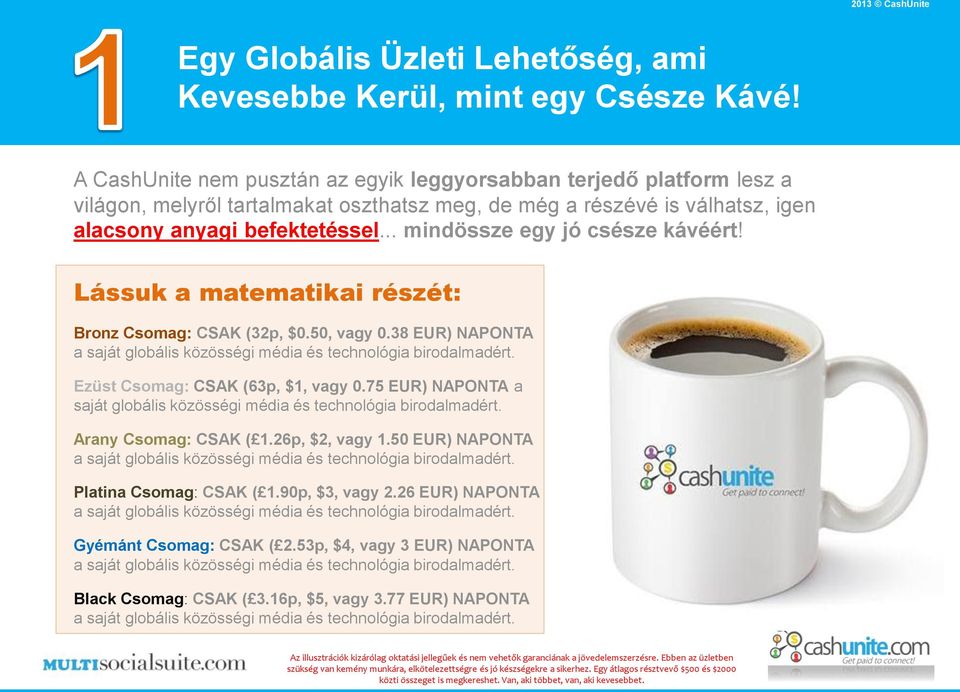 .. mindössze egy jó csésze kávéért! Lássuk a matematikai részét: Bronz Csomag: CSAK (32p, $0.50, vagy 0.38 EUR) NAPONTA a saját globális közösségi média és technológia birodalmadért.