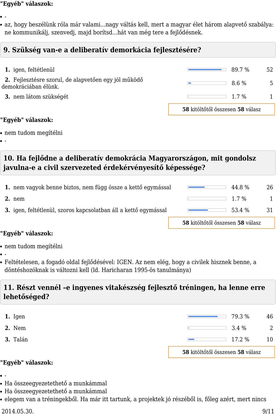 7 % 1 nem tudom megítélni 10. Ha fejlődne a deliberatív demokrácia Magyarországon, mit gondolsz javulnae a civil szervezeted érdekérvényesítő képessége? 1. nem vagyok benne biztos, nem függ össze a kettő egymással 44.