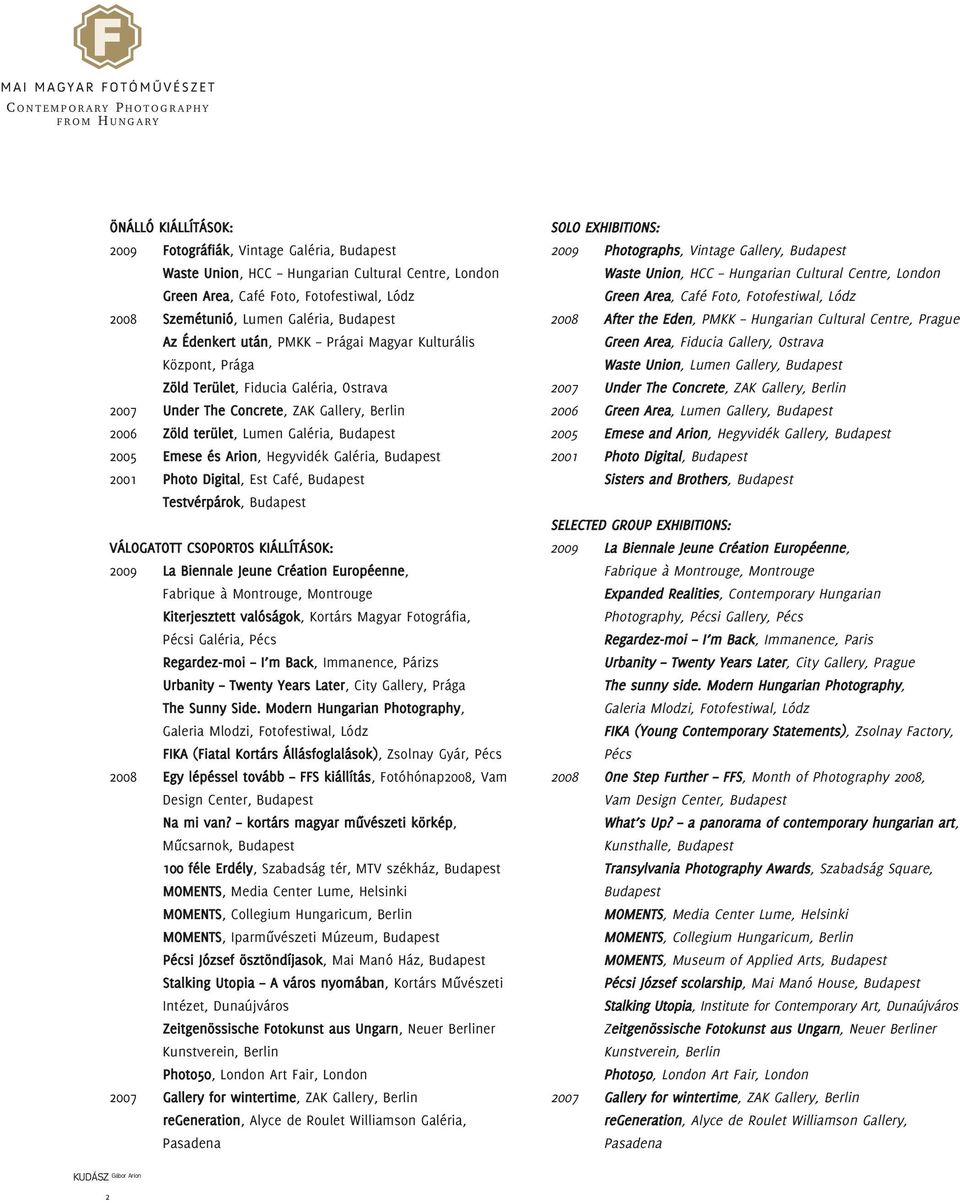 Gallery, Berlin 2006 Zöld terület, Lumen Galéria, Budapest 2005 Emese és Arion, Hegyvidék Galéria, Budapest 2001 Photo Digital, Est Café, Budapest Testvérpárok, Budapest VÁLOGATOTT CSOPORTOS