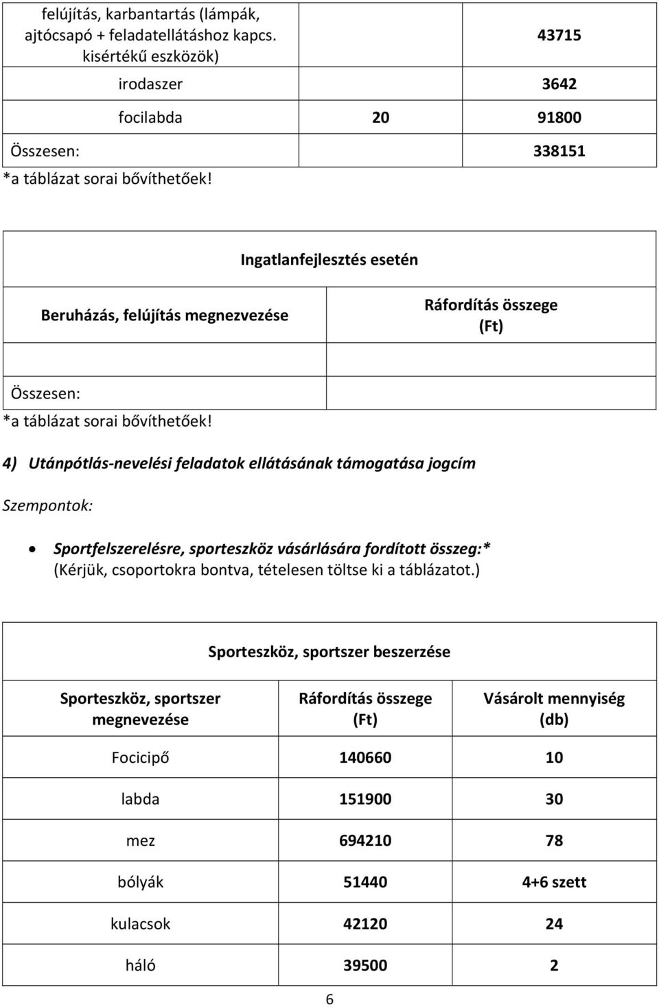 nevelési feladatok ellátásának támogatása jogcím Szempontok: Sportfelszerelésre, sporteszköz vásárlására fordított összeg:* (Kérjük, csoportokra