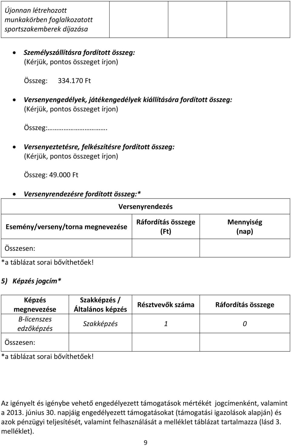 Versenyeztetésre, felkészítésre fordított összeg: (Kérjük, pontos összeget írjon) Összeg: 49.