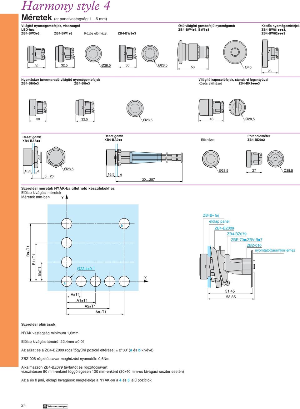 gomb XB-BA8ii Reset gomb Potenciométer XB-BA9ii Elölnézet ZB-BD9i2 16,5 e 6 26 16,5 e 2 27 Szerelési méretek NYÁK-ba ültethetô készülékekhez Elôlap kivágási méretek Méretek mm-ben Y ZBB fej Bn±T1