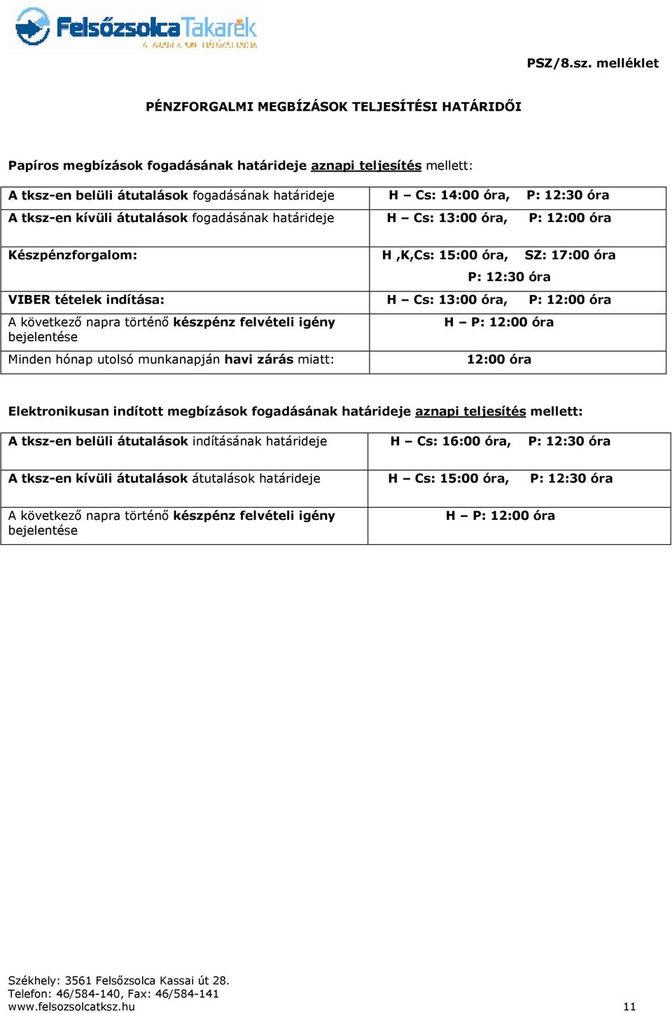 12:30 óra A tksz-en kívüli átutalások fogadásának határideje H Cs: 13:00 óra, P: 12:00 óra Készpénzforgalom: H,K,Cs: 15:00 óra, SZ: 17:00 óra P: 12:30 óra VIBER tételek indítása: H Cs: 13:00 óra, P: