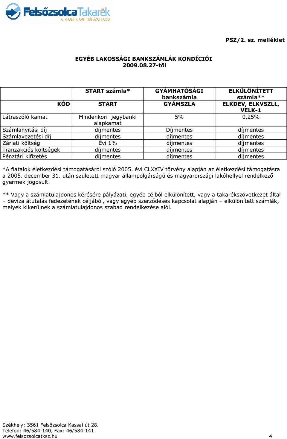 Számlavezetési díj Zárlati költség Évi 1% Tranzakciós költségek Pénztári kifizetés *A fiatalok életkezdési támogatásáról szóló 2005. évi CLXXIV törvény alapján az életkezdési támogatásra a 2005.
