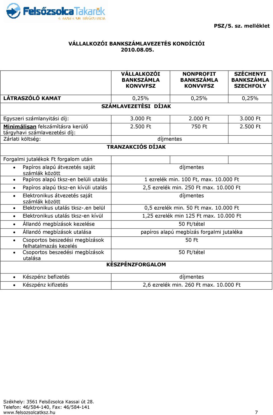 000 Ft Minimálisan felszámításra kerülı tárgyhavi számlavezetési díj: Zárlati költség: Forgalmi jutalékok Ft forgalom után 2.500 Ft 750 Ft 2.