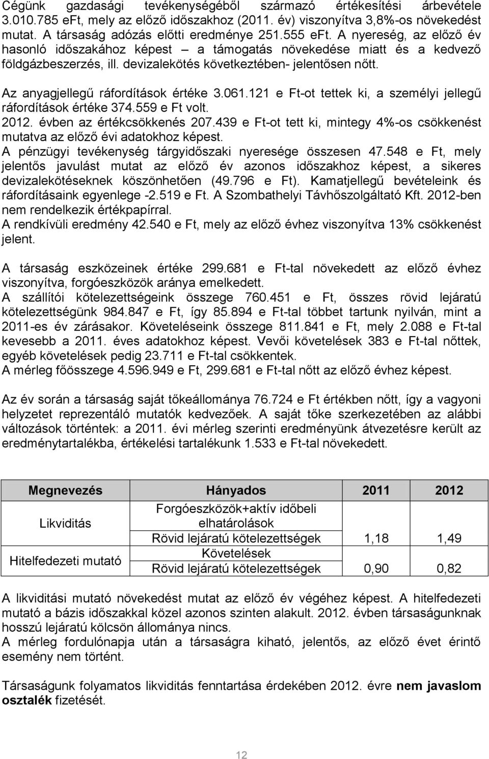 Az anyagjellegű ráfordítások értéke 3.061.121 e Ft-ot tettek ki, a személyi jellegű ráfordítások értéke 374.559 e Ft volt. 2012. évben az értékcsökkenés 207.