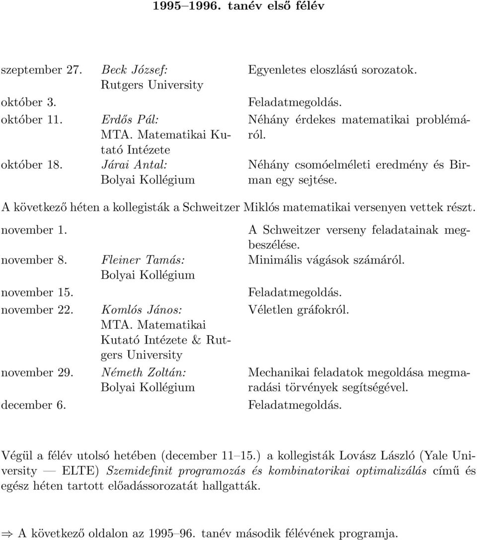 november 8. november 15. november 22. november 29. december 6. Fleiner Tamás: Komlós János: MTA. Matematikai Kutató & Rutgers University Németh Zoltán: A Schweitzer verseny feladatainak megbeszélése.