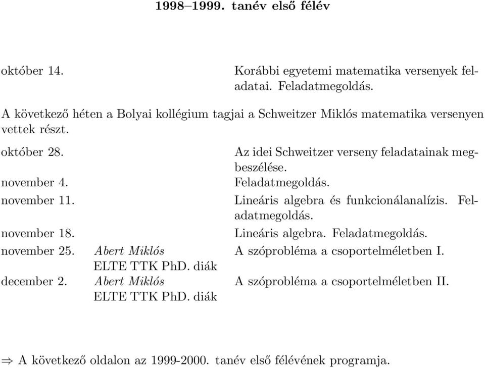 Az idei Schweitzer verseny feladatainak megbeszélése. november 4. november 11. Lineáris algebra és funkcionálanalízis. november 18.