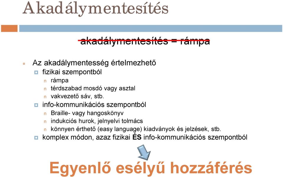 info-kommunikációs szempontból Braille- vagy hangoskönyv indukciós hurok, jelnyelvi tolmács