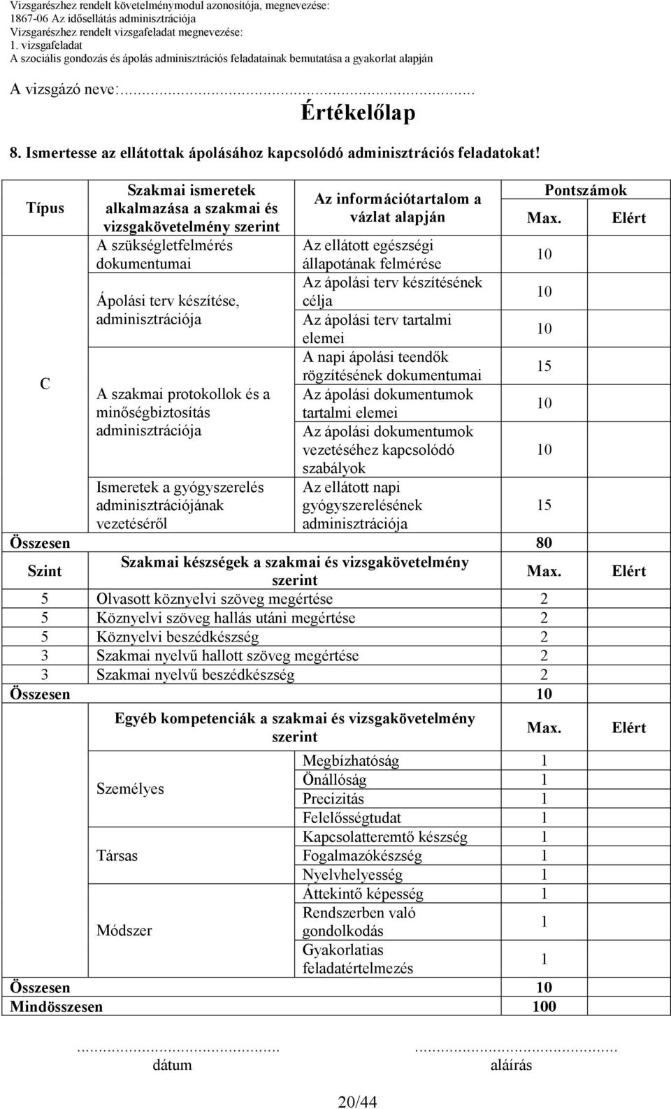 Elért Az ellátott egészségi állapotának felmérése Az ápolási terv készítésének Ápolási terv készítése, célja adminisztrációja Az ápolási terv tartalmi elemei C A napi ápolási teendık rögzítésének