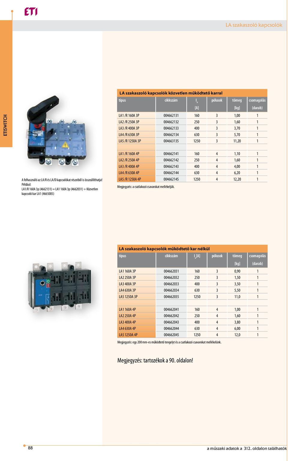 Például: LA1/R 160A 3p (4662131) = LA1 160A 3p (4662031) + Közvetlen kapcsoló kar LA1 (4665005) LA1 /R 160A 4P 004662141 160 4 1,10 1 LA2 /R 250A 4P 004662142 250 4 1,60 1 LA3 /R 400A 4P 004662143