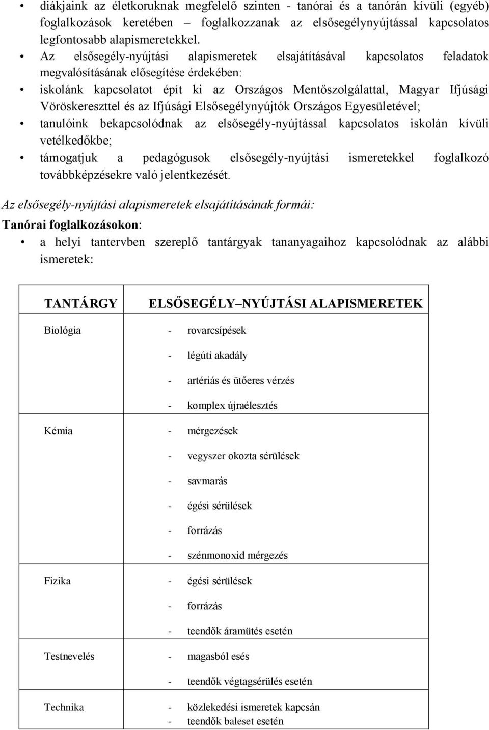 Vöröskereszttel és az Ifjúsági Elsősegélynyújtók Országos Egyesületével; tanulóink bekapcsolódnak az elsősegély-nyújtással kapcsolatos iskolán kívüli vetélkedőkbe; támogatjuk a pedagógusok