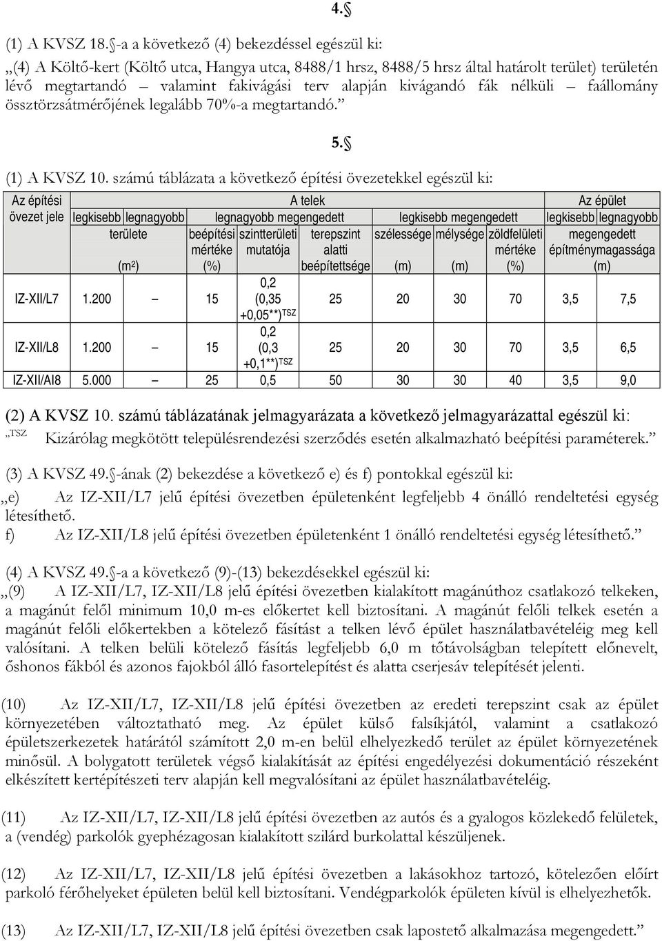 kivágandó fák nélküli faállomány össztörzsátmérőjének legalább 70%-a megtartandó. (1) A KVSZ 10. számú táblázata a következő építési övezetekkel egészül ki: Az építési övezet jele 5.