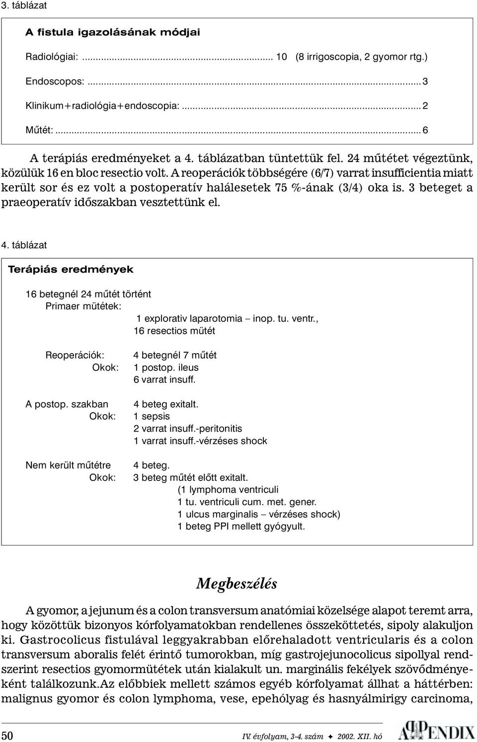 A reoperációk többségére (6/7) varrat insufficientia miatt került sor és ez volt a postoperatív halálesetek 75 %-ának (3/4) oka is. 3 beteget a praeoperatív idõszakban vesztettünk el. 4.