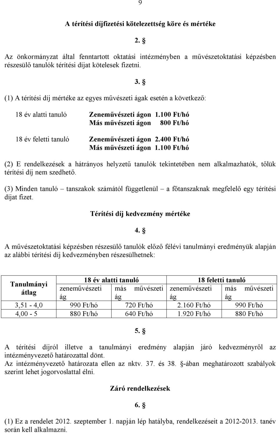 400 Ft/hó Más művészeti ágon 1.100 Ft/hó (2) E rendelkezések a hátrányos helyzetű tanulók tekintetében nem alkalmazhatók, tőlük térítési díj nem szedhető.