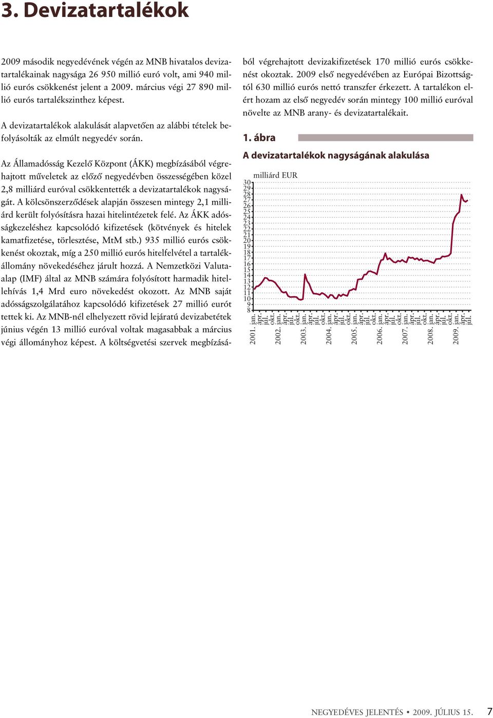 március végi 27 890 millió eurós tartalékszinthez képest. A devizatartalékok alakulását alapvetõen az alábbi tételek befolyásolták az elmúlt negyedév során.