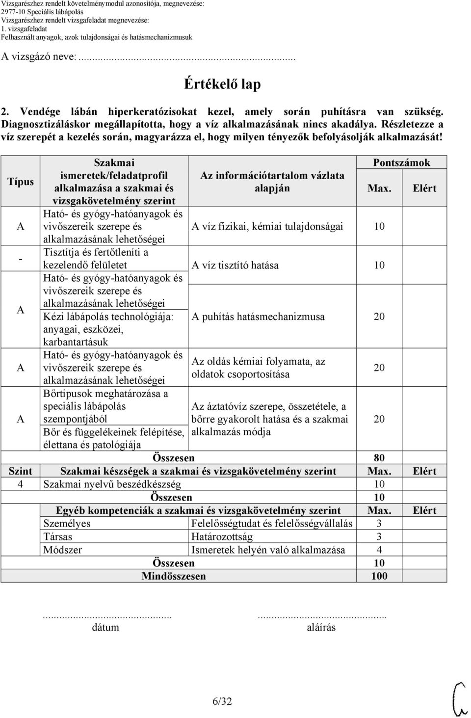 Típus - Szakmai ismeretek/feladatprofil alkalmazása a szakmai és vizsgakövetelmény szerint vivőszereik szerepe és Tisztítja és fertőtleníti a z információtartalom vázlata alapján Pontszámok Max.