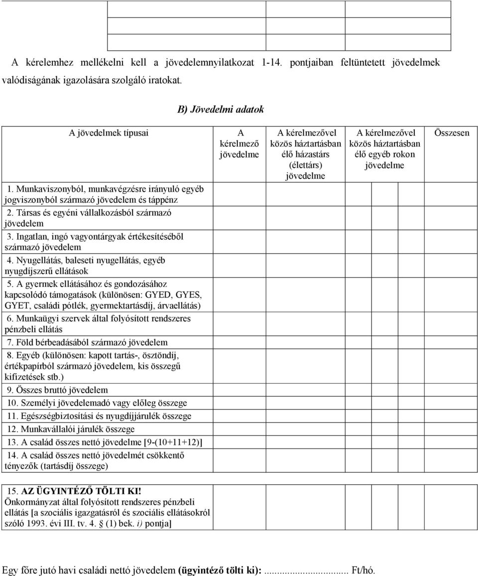 Ingatlan, ingó vagyontárgyak értékesítésébıl származó jövedelem 4. Nyugellátás, baleseti nyugellátás, egyéb nyugdíjszerő ellátások 5.