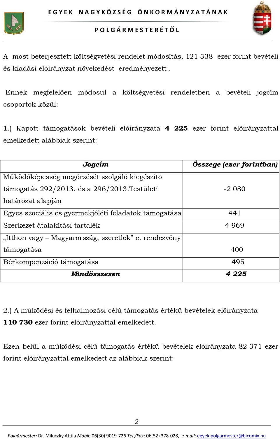 ) Kapott támogatások bevételi előirányzata 4 225 ezer forint előirányzattal emelkedett alábbiak szerint: Működőképesség megőrzését szolgáló kiegészítő támogatás 292/2013. és a 296/2013.