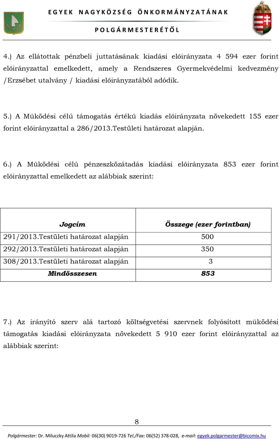 ) A Működési célú pénzeszközátadás kiadási előirányzata 853 ezer forint előirányzattal emelkedett az alábbiak szerint: 291/2013.Testületi határozat alapján 500 292/2013.