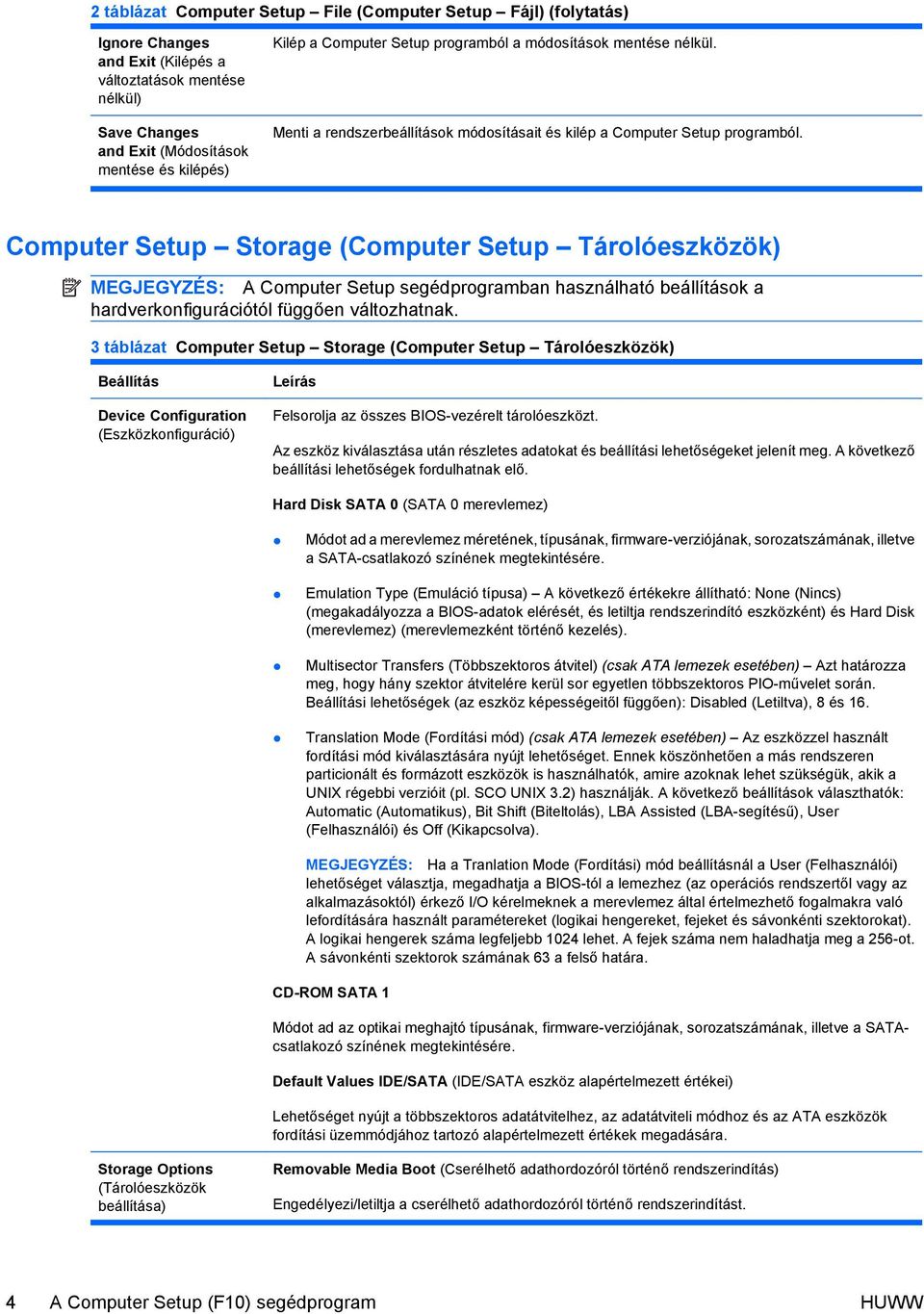 Computer Setup Storage (Computer Setup Tárolóeszközök) MEGJEGYZÉS: A Computer Setup segédprogramban használható beállítások a hardverkonfigurációtól függően változhatnak.