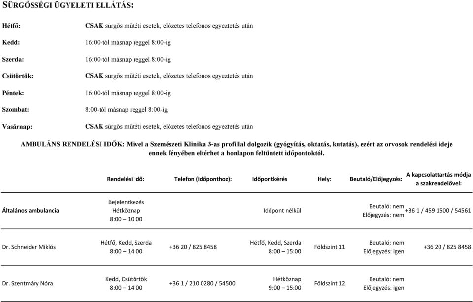 RENDELÉSI IDŐK: Mivel a Szemészeti Klinika 3-as profillal dolgozik (gyógyítás, oktatás, kutatás), ezért az orvosok rendelési ideje ennek fényében eltérhet a honlapon feltüntett időpontoktól.