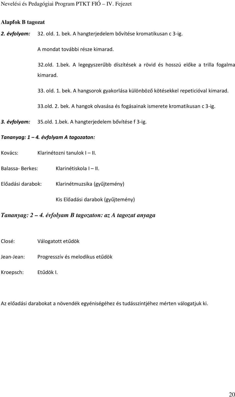 Tananyag: 1 4. évfolyam A tagozaton: Kovács: Klarinétozni tanulok I II. Balassa- Berkes: Előadási darabok: Klarinétiskola I II.