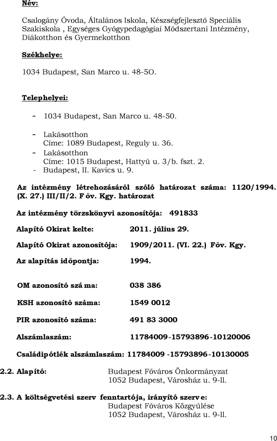 Az intézmény létrehozásáról szóló határozat száma: 1120/1994. (X. 27.) III/II/2. F őv. Kgy. határozat Az intézmény törzskönyvi azonosítója: 491833 Alapító Okirat kelte: 2011. július 29.