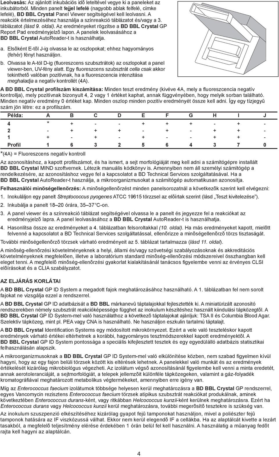 táblázatot (lásd 9. oldal). Az eredményeket rögzítse a BD BBL Crystal GP Report Pad eredményjelzõ lapon. A panelek leolvasásához a BD BBL Crystal AutoReader-t is használhatja. a. Elsõként E-tõl J-ig olvassa le az oszlopokat; ehhez hagyományos (fehér) fényt használjon.