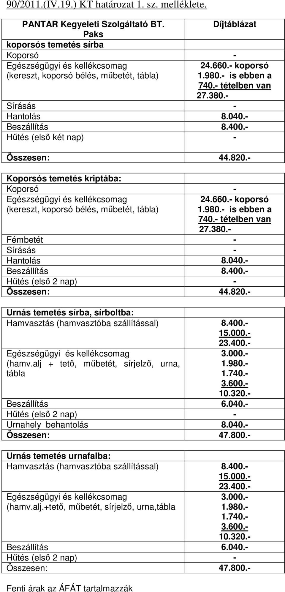 - Sírásás - Hantolás 8.040.- Beszállítás 8.400.- Hűtés (első két nap) - Összesen: 44.820.