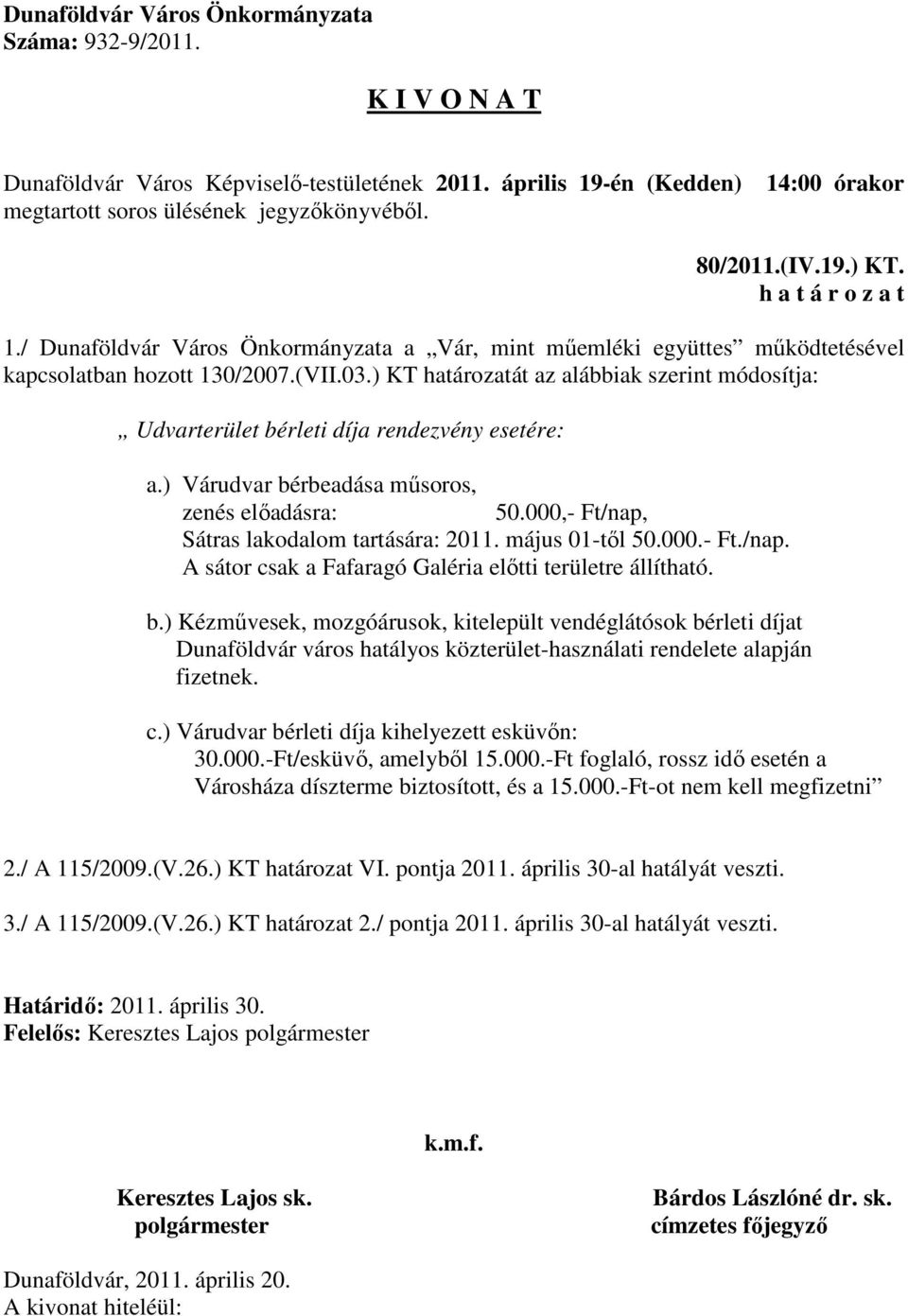 május 01-től 50.000.- Ft./nap. A sátor csak a Fafaragó Galéria előtti területre állítható. b.