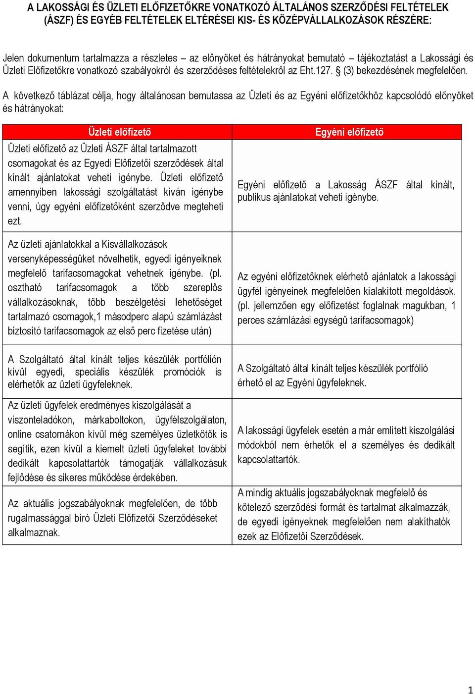 A következő táblázat célja, hogy általánosan bemutassa az Üzleti és az Egyéni előfizetőkhöz kapcsolódó előnyöket és hátrányokat: Üzleti előfizető Üzleti előfizető az Üzleti ÁSZF által tartalmazott