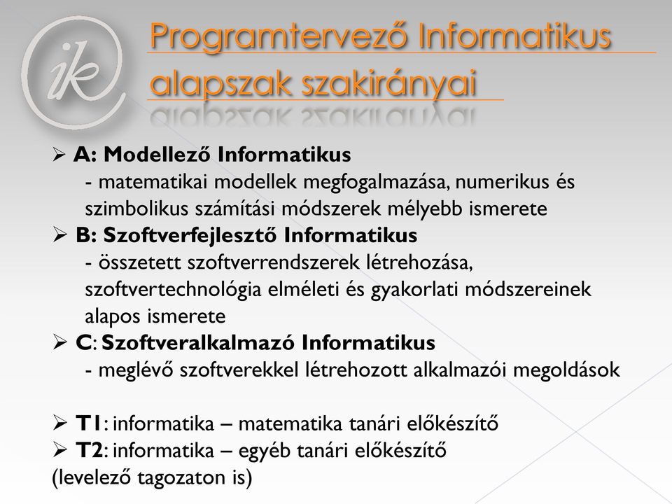 gyakorlati módszereinek alapos ismerete C: Szoftveralkalmazó Informatikus - meglévő szoftverekkel létrehozott