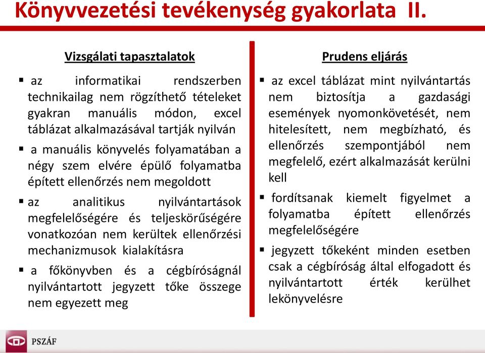 folyamatba épített ellenőrzés nem megoldott az analitikus nyilvántartások megfelelőségére és teljeskörűségére vonatkozóan nem kerültek ellenőrzési mechanizmusok kialakításra a főkönyvben és a