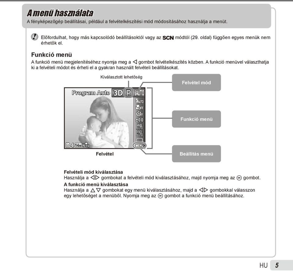 A funkció menüvel választhatja ki a felvételi módot és érheti el a gyakran használt felvételi beállításokat. Program Auto Kiválasztott lehetőség 3D P Felvétel mód 0.