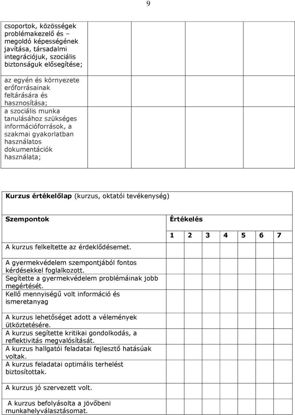 Értékelés 1 2 3 4 5 6 7 A kurzus felkeltette az érdeklıdésemet. A gyermekvédelem szempontjából fontos kérdésekkel foglalkozott. Segítette a gyermekvédelem problémáinak jobb megértését.