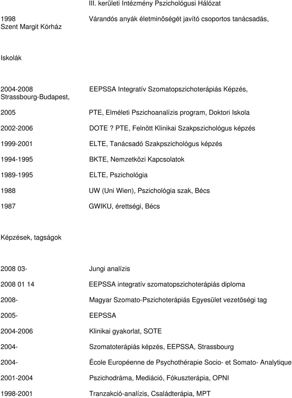 PTE, Felnõtt Klinikai Szakpszichológus képzés 1999-2001 ELTE, Tanácsadó Szakpszichológus képzés 1994-1995 BKTE, Nemzetközi Kapcsolatok 1989-1995 ELTE, Pszichológia 1988 UW (Uni Wien), Pszichológia