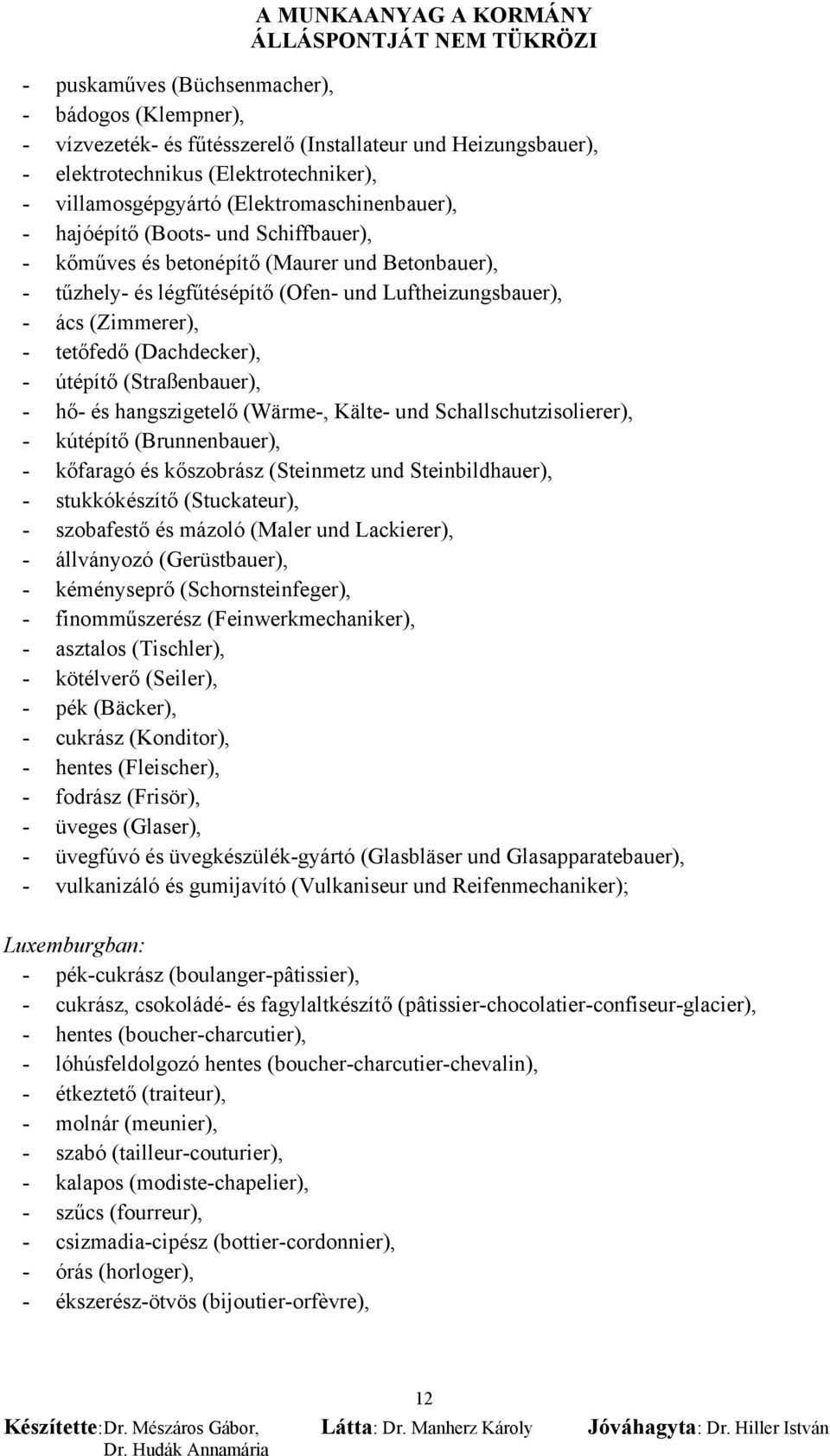 (Straßenbauer), - hő- és hangszigetelő (Wärme-, Kälte- und Schallschutzisolierer), - kútépítő (Brunnenbauer), - kőfaragó és kőszobrász (Steinmetz und Steinbildhauer), - stukkókészítő (Stuckateur), -