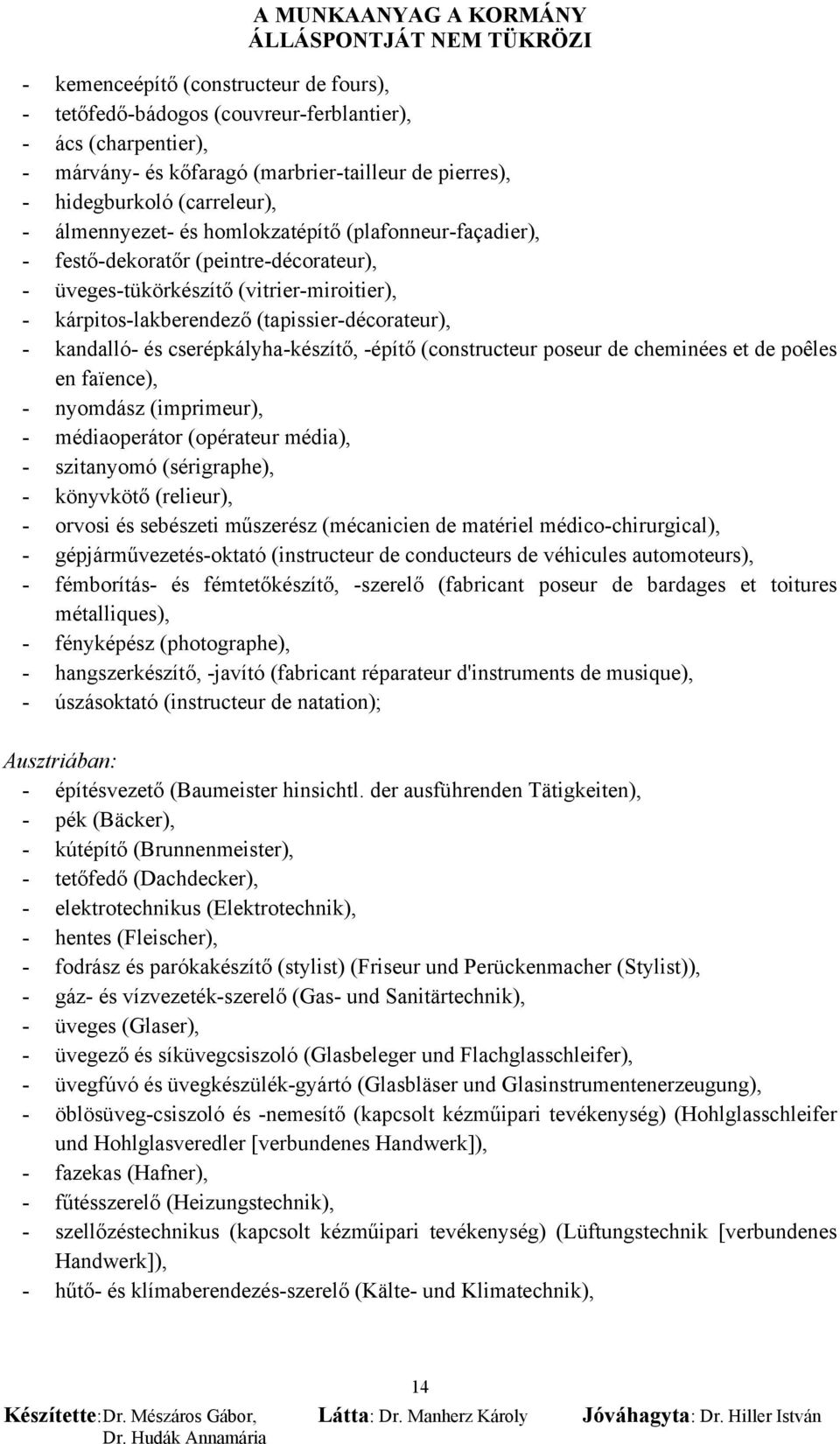 cserépkályha-készítő, -építő (constructeur poseur de cheminées et de poêles en faïence), - nyomdász (imprimeur), - médiaoperátor (opérateur média), - szitanyomó (sérigraphe), - könyvkötő (relieur), -