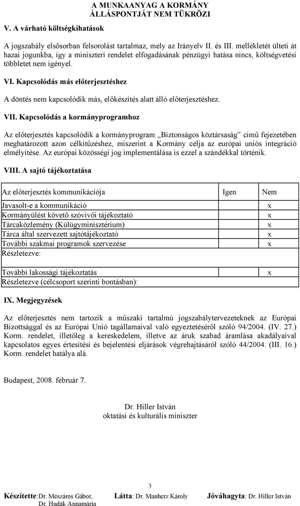 Kapcsolódás más előterjesztéshez A döntés nem kapcsolódik más, előkészítés alatt álló előterjesztéshez. VII.