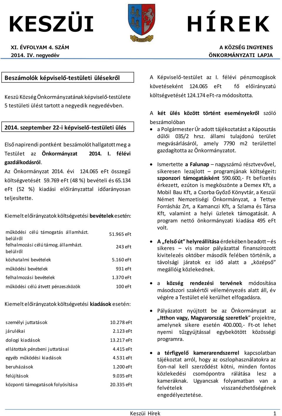 2014. szeptember 22-i képviselő-testületi ülés Első napirendi pontként beszámolót hallgatott meg a Testület az Önkormányzat 2014. I. félévi gazdálkodásról. Az Önkormányzat 2014. évi 124.