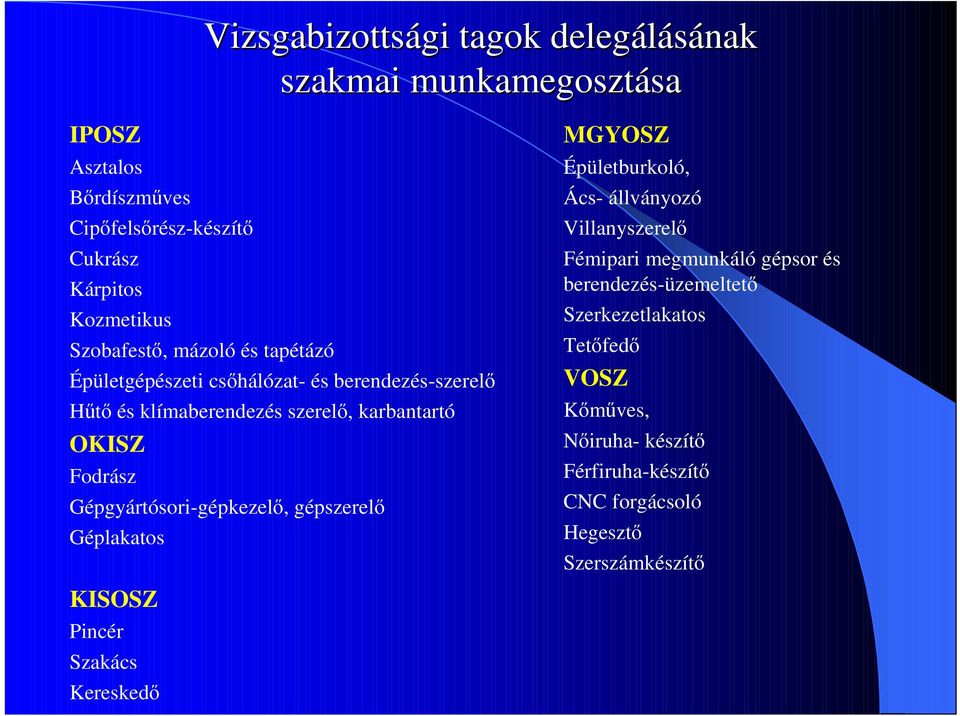 szerelı, karbantartó OKISZ Fodrász Gépgyártósori-gépkezelı, gépszerelı Géplakatos MGYOSZ Épületburkoló, Ács- állványozó Villanyszerelı Fémipari