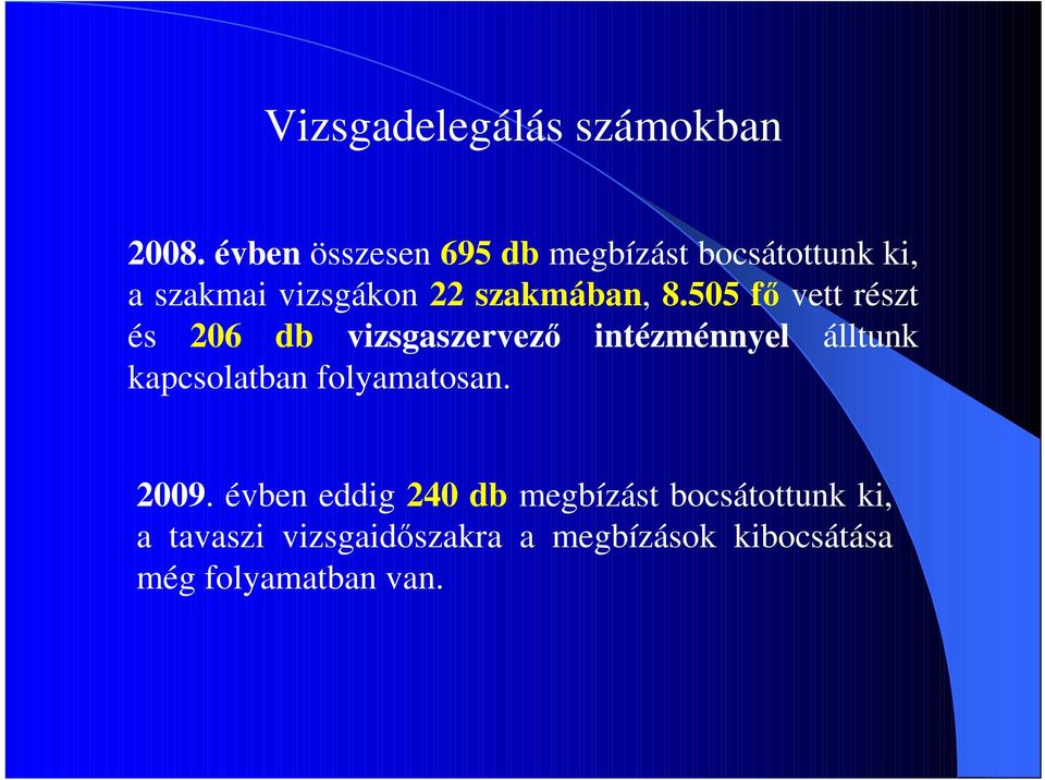 8.505 fı vett részt és 206 db vizsgaszervezı intézménnyel álltunk kapcsolatban