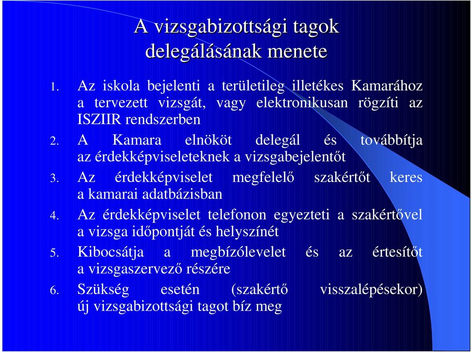 A Kamara elnököt delegál és továbbítja az érdekképviseleteknek a vizsgabejelentıt 3.