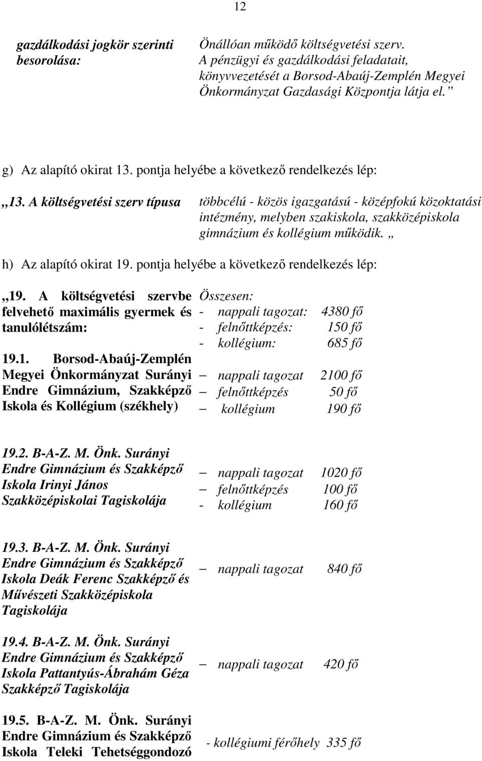 A költségvetési szerv típusa többcélú - közös igazgatású - középfokú közoktatási intézmény, melyben szakiskola, szakközépiskola gimnázium és kollégium működik. h) Az alapító okirat 19.