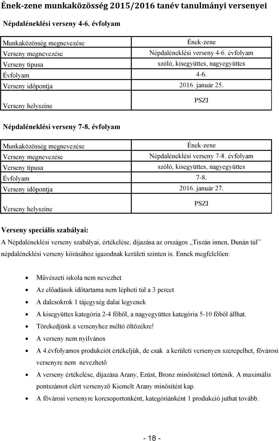 január 27. PSZI A Népdaléneklési verseny szabályai, értékelése, díjazása az országos Tiszán innen, Dunán túl népdaléneklési verseny kiírásához igazodnak kerületi szinten is.