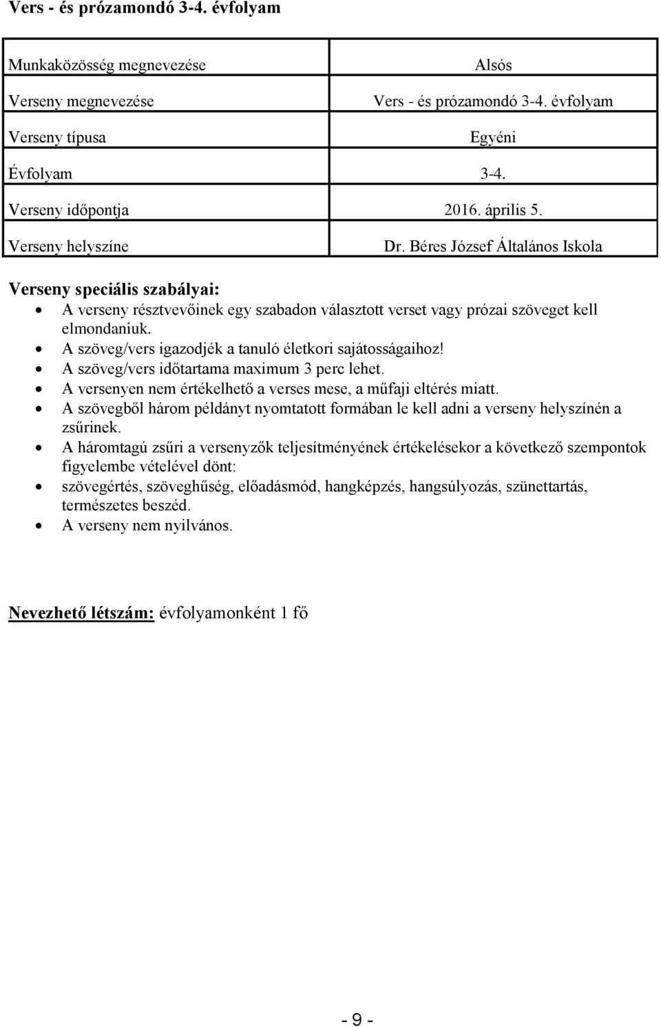 A szöveg/vers időtartama maximum 3 perc lehet. A versenyen nem értékelhető a verses mese, a műfaji eltérés miatt.