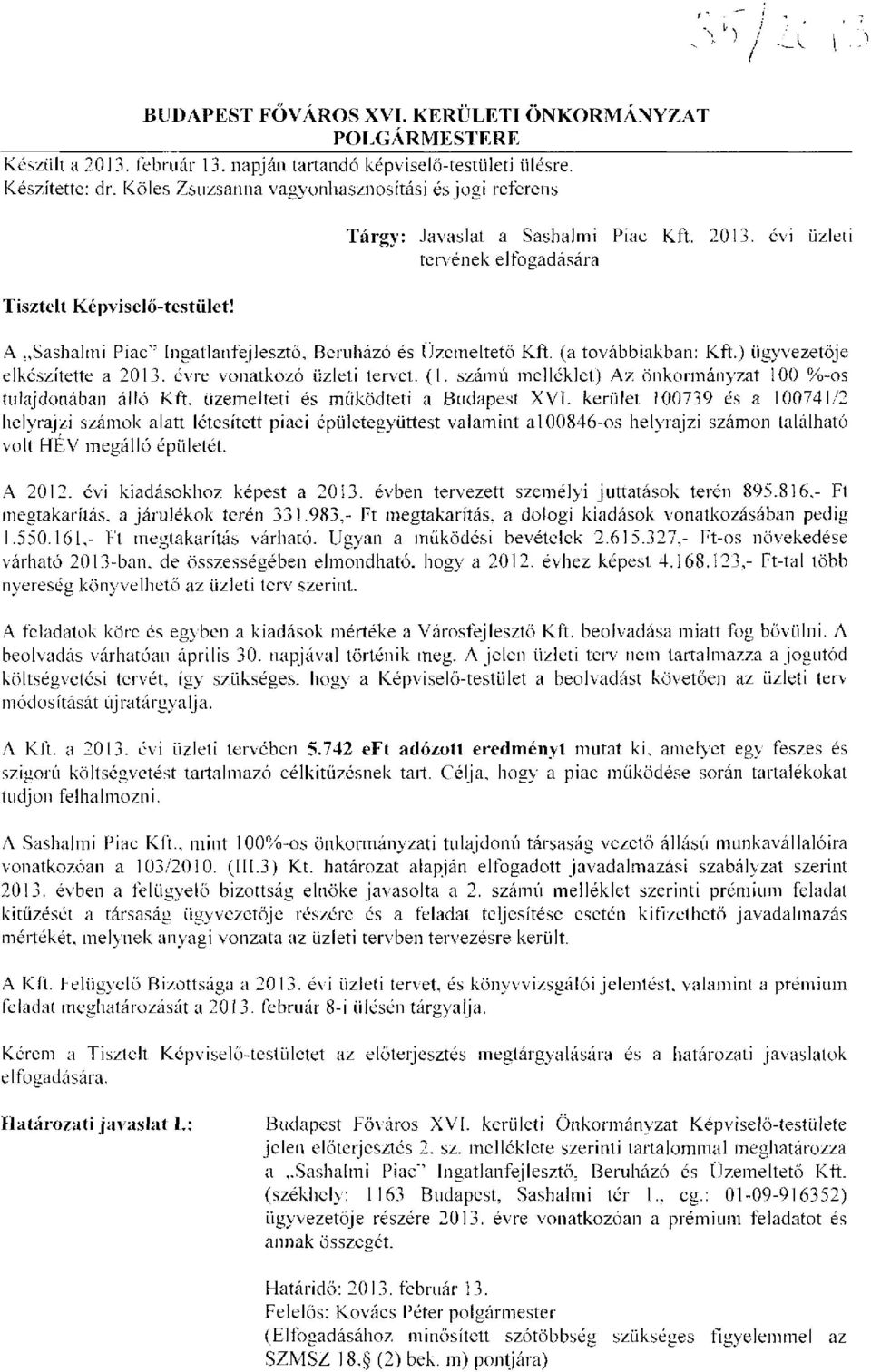 évi üzleti tervének elfogadására A Sashalmi Piac" Ingatlanfejlesztő, Beruházó és Üzemeltető Kft. (a továbbiakban: Kft.) ügyvezetője elkészítette a 2013. évre vonatkozó üzleti tervet. (1.