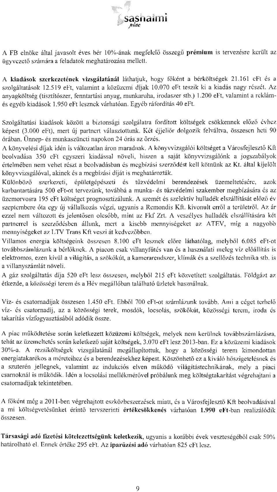 Az anyagköltség (tisztítószer, fenntartási anyag, munkaruha, irodaszer stb.) 1.200 eft, valamint a reklámés egyéb kiadások 1.950 eft lesznek várhatóan. Egyéb ráfordítás 40 eft.